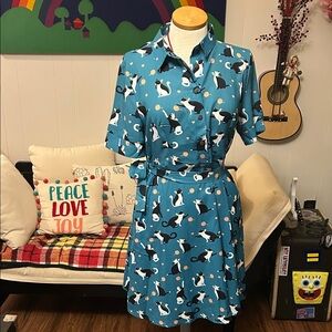 SM Wardrobe Teal Cat Print Dress with Peach Accents